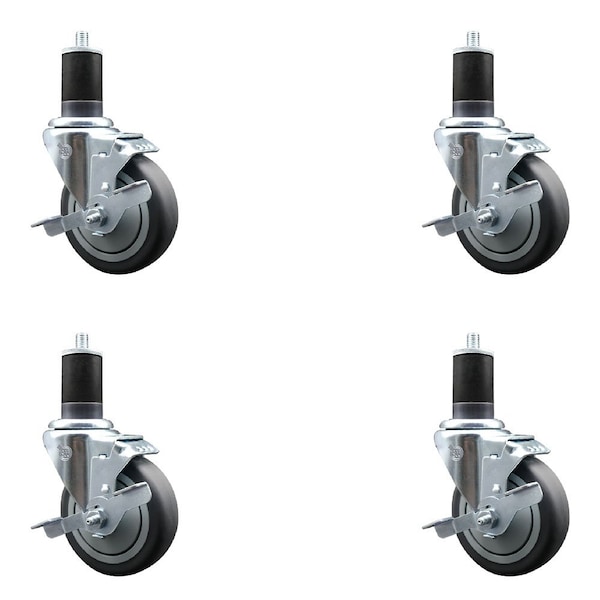 4'' Thermoplastic Rubber Swivel 1-5/8'' Expanding Stem Caster Set with Brake, 4PK